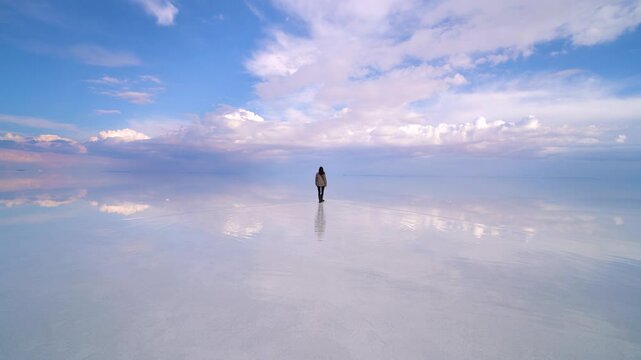 Woman Walking Across Reflective Surface of Salar de Uyuni Salt Flat &ndash; Dreamlike Scene with Sky Reflections
