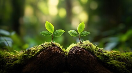 Two intertwined tree trunks in a dense verdant forest setting symbolizing the concepts of growth renewal and the interconnectedness of all living things within the natural environment
