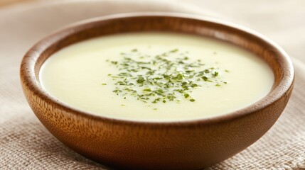 Creamy Potato Soup in Wooden Bowl Garnish with Herbs Delicious Food
