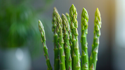 Fresh medicinal asparagus spears growing in a sunny field with soft green background