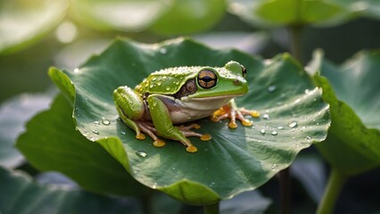 Green frog resting on a lotus leaf in serene nature  