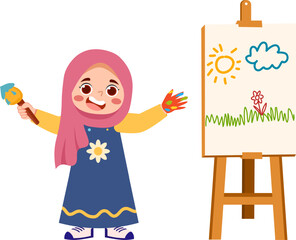 Joyful Girl in Hijab Painting Sunny Landscape on Easel