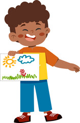 Joyful Boy Proudly Displaying His Sunny Daytime Drawing