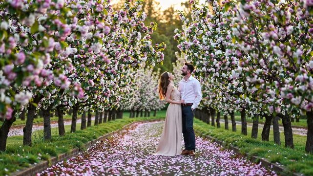 Couple enjoys romantic moment among blossoming trees at sunset in beautiful orchard