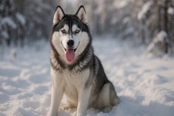Naklejka premium Husky dog in snowy forest