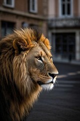 Fototapeta premium araffe lion with a mane standing in front of a building