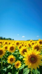 Fototapeta premium Vast sunflower field, vibrant yellow blooms under a clear blue sky , bright, botany