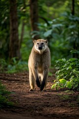 Obraz premium araffe walking on a path in the woods with trees in the background