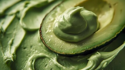 Fototapeta premium Close up shot of creamy, rich avocado frosting on the top right corner with only an open half avocados in the center, Generative AI illustrations.