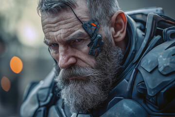 Close-up of a weathered, bearded man in futuristic armor with a device near his eye, conveying a sense of grizzled experience.