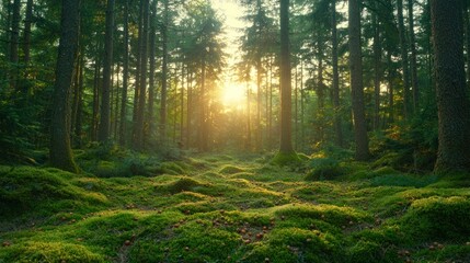 Obraz premium Forest floor covered in moss with sunlight filtering through tall trees