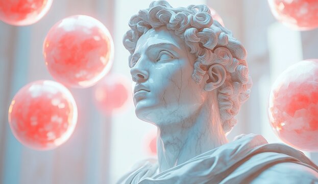 Surreal Marble Statue with Glitch Effect in Pastel Background