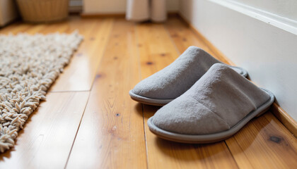 Grey Felt Slippers Neatly Placed on Wooden Floor in Home Entryway for Interior Design, Cozy Living Spaces, Online Retail, and Home Decor