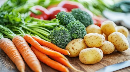 Fresh colorful vegetables carrots, broccoli, potatoes, parsley, and a red pepper