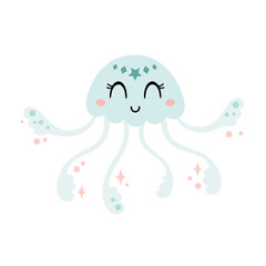 Cute jellyfish, isolated cartoon sea character. Ocean animal hand drawn vector illustration in flat style	
