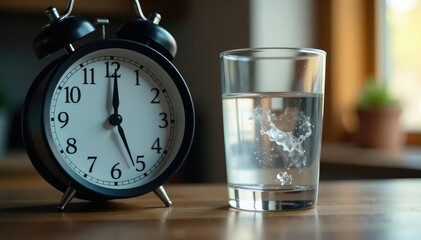 Clock showing fasting hours, empty glass of water , simple, plan, body
