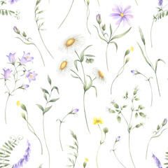 Seamless floral pattern of watercolor wildflowers chamomile, bellflower, buttercup, mouse pea and grasses isolated from background. Hand drawn meadow yellow and lilac flowers for fabric print, cards.