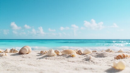 Seashells on the Shoreline: A close-up view of seashells scattered on a sandy beach, with the vast expanse of the ocean gently meeting the clear blue sky, evoking a sense of calm and serenity.
