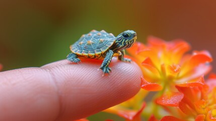 Obraz premium A small turtle rests on the tip of a finger, showing off its colorful shell. 