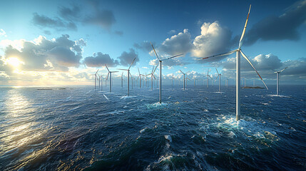 Clear Waters with Offshore Wind Turbines and Blue Sky - Pristine turquoise waters beneath a vibrant blue sky, dotted with offshore wind turbines, showcasing the harmony of nature and technology