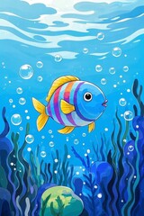 cartoon fish swimming under the sea with bubbles and algae