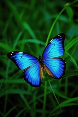 Obraz premium a close up of a blue butterfly on a green leaf