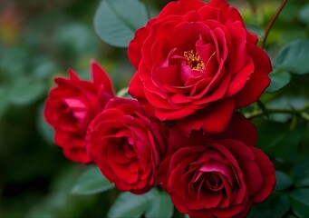 A Stunning Close-Up of Vibrant Red Roses Against Lush Green Leaves