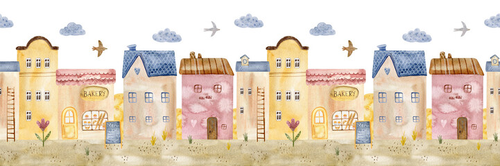 Horizontal repeating border. Fairy-tale town. Painting for the childrens room. Image with cozy houses, bakery, birds, and clouds. Watercolor illustration. Seamless pattern. © Anna