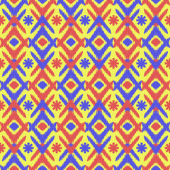 Motif ethnic ikat seamless textile illustration, colorful embroidery, ornament floral, pattern, design for wrapping, silk, scarf, background, textile, carpet, rug, texture, hand-draw