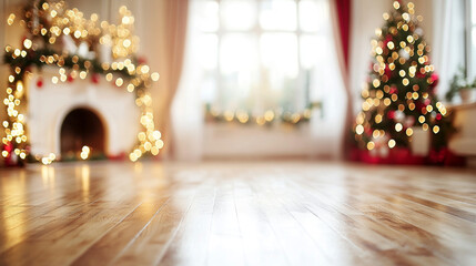 cozy Festive Christmas Scene With Decorations and Blurred Lights on Wooden Table for showing products