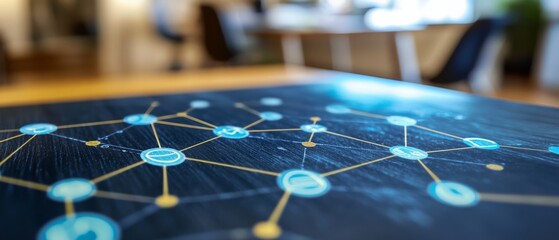 A network diagram with glowing nodes lies on a blurred office table, hinting at connectivity and digital communication.
