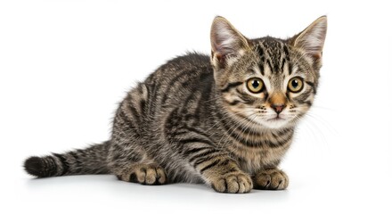 A small tabby kitten with yellow eyes sitting on a white background looking at the camera directly ahead isolated on white background