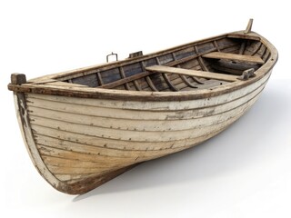 A classic wooden rowboat, isolated against a white background, evokes a vintage nautical seascape.
