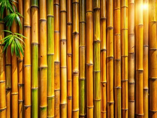 Naklejka premium Aerial close-up: sunlit tropical bamboo wall, light wood backdrop. Flat lay.