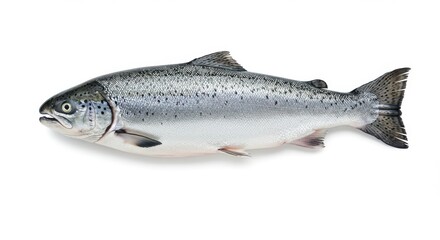 Naklejka premium A single fresh salmon fish lying on a white surface with visible scales and fins in clear detail isolated on white background
