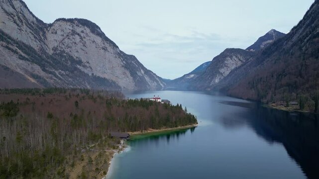 Berchtesgaden, Germany: Aerial drone footage of the famous K&ouml;nigssee, the King's lake, in the Bavarian alps in Germany. Shot with an orbit motion 