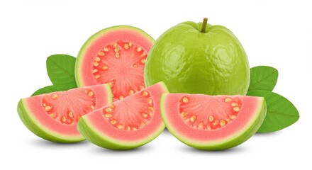 Naklejka premium A still life of whole and sliced guavas with green leaves on a plain white background surface view isolated on white background