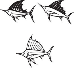 Obraz premium pomfret, sailfish, ray fish, salmon line art vector fish