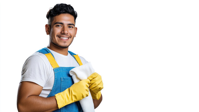 young friendly latinx male cleaning service worker in blue uniform, overalls and yellow gloves, holds cloth on white background. occupation, profession, professionalism poster with copyspace