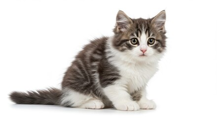 Obraz premium A fluffy kitten with grey and white fur sitting on a white background looking directly at the viewer isolated on white background