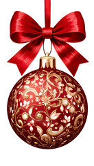 Red Bauble Ornament Hanging on Ribbon &ndash; Transparent Background Isolated Christmas Element