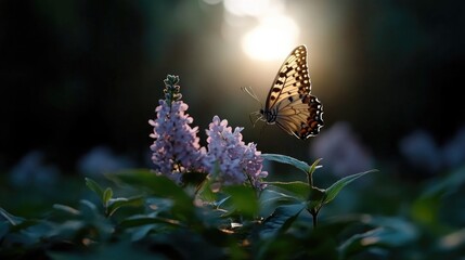 Butterfly taking flight near purple flowers in soft light