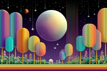 Pixel art dreamland with floating moon, upside-down trees, and glitchy rainbow clouds