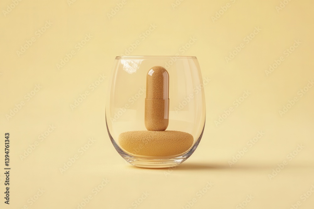 Poster Capsule resting on a sponge inside a glass container with a soft yellow background