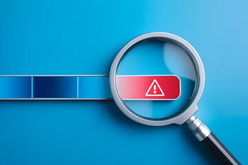 Magnifying glass with warning. Find problems, stop malfunctions, detect issues, troubleshoot errors.