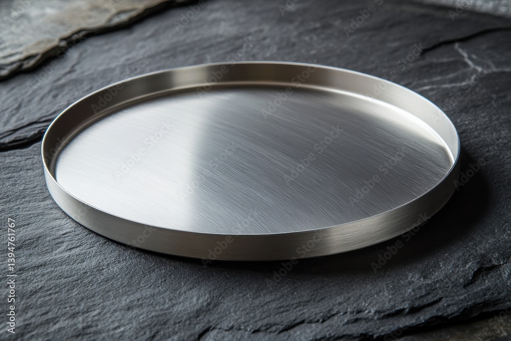 Poster Round metal tray resting on a slate surface showcasing its smooth finish and sleek design in a modern setting