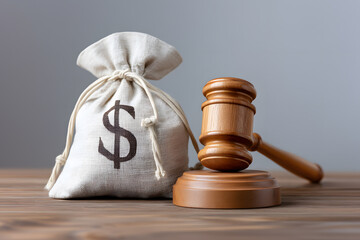 Money bag, judge's gavel. Penalties for crimes: financial punishments, traffic violations, fraud