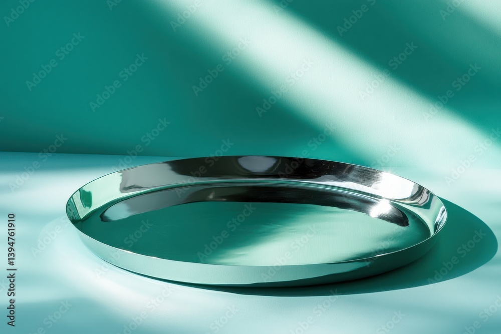Aufkleber reflective metal tray positioned on a smooth turquoise surface with soft lighting illuminating its c