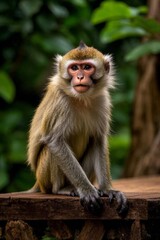 Naklejka premium arafed monkey sitting on a wooden ledge with a green background