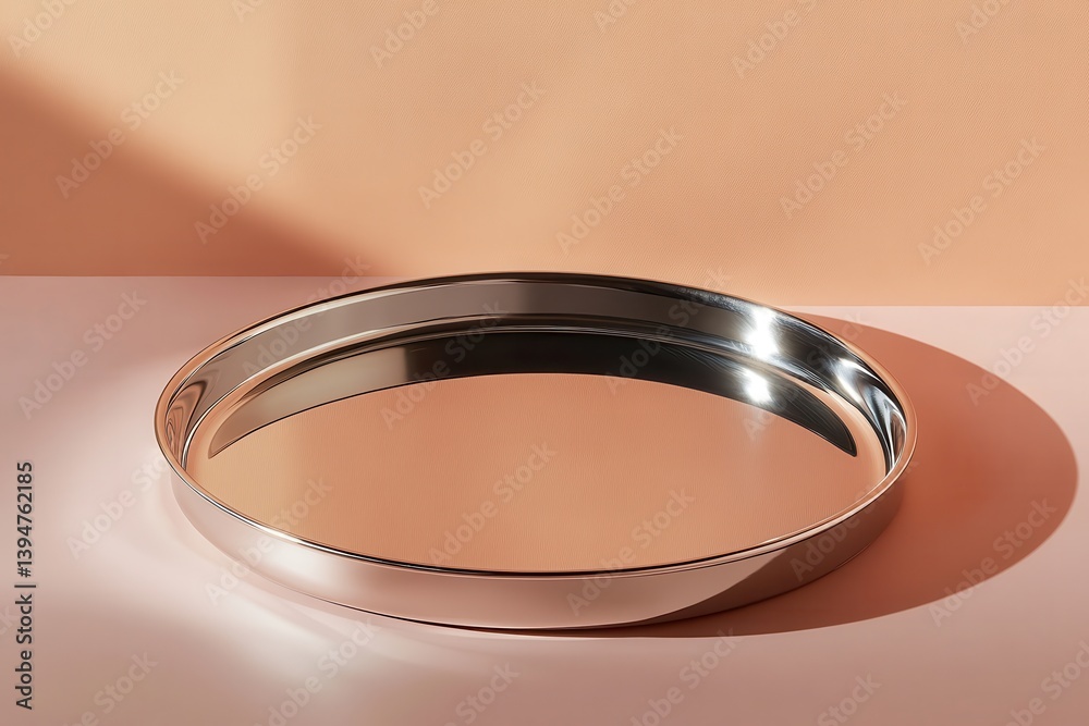 Poster Shiny round metallic tray on a soft background reflecting warm light in a minimalistic setting